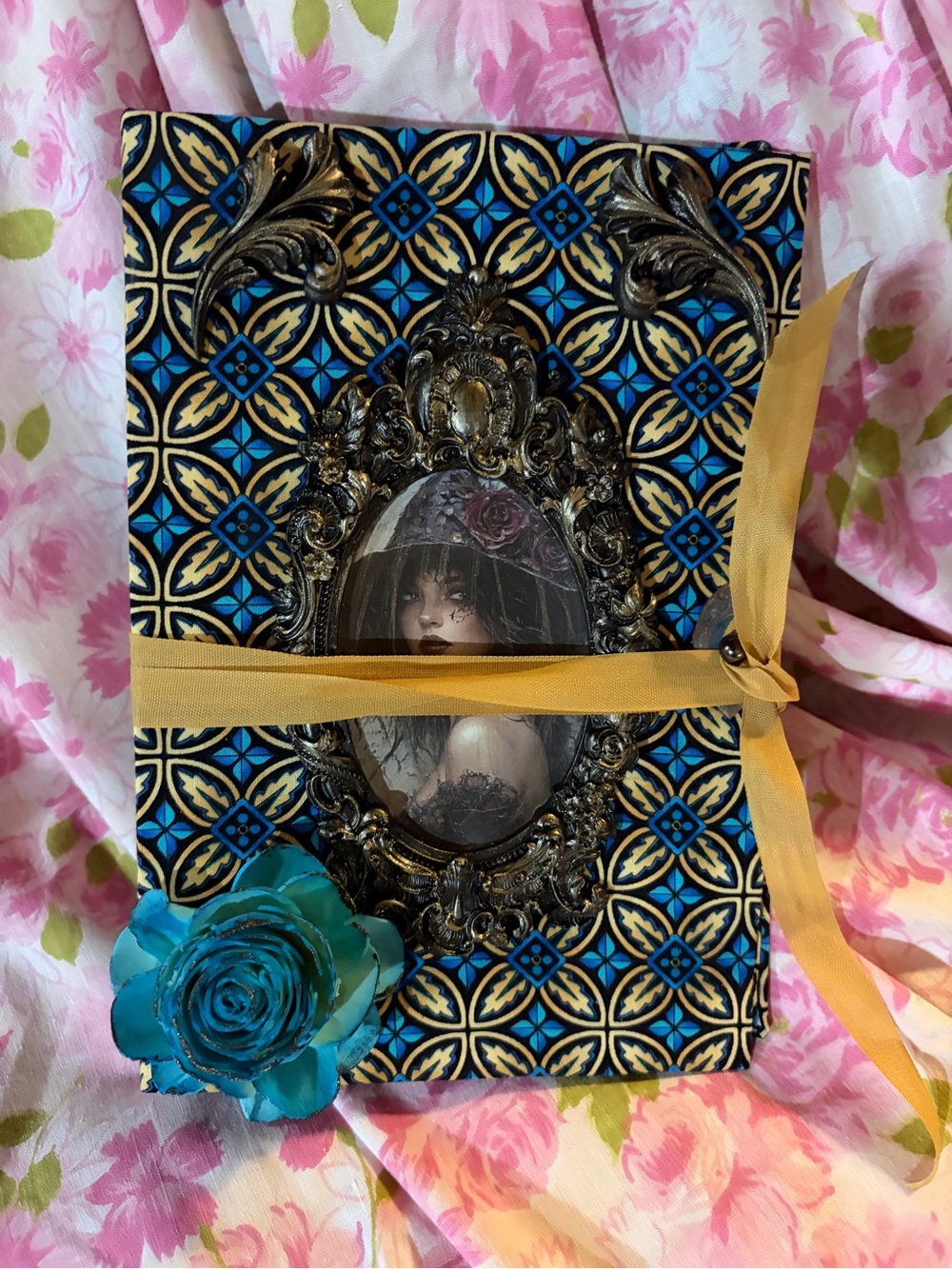 Decorative Blue and Gold Patterned Keepsake Journal with Yellow Ribbon